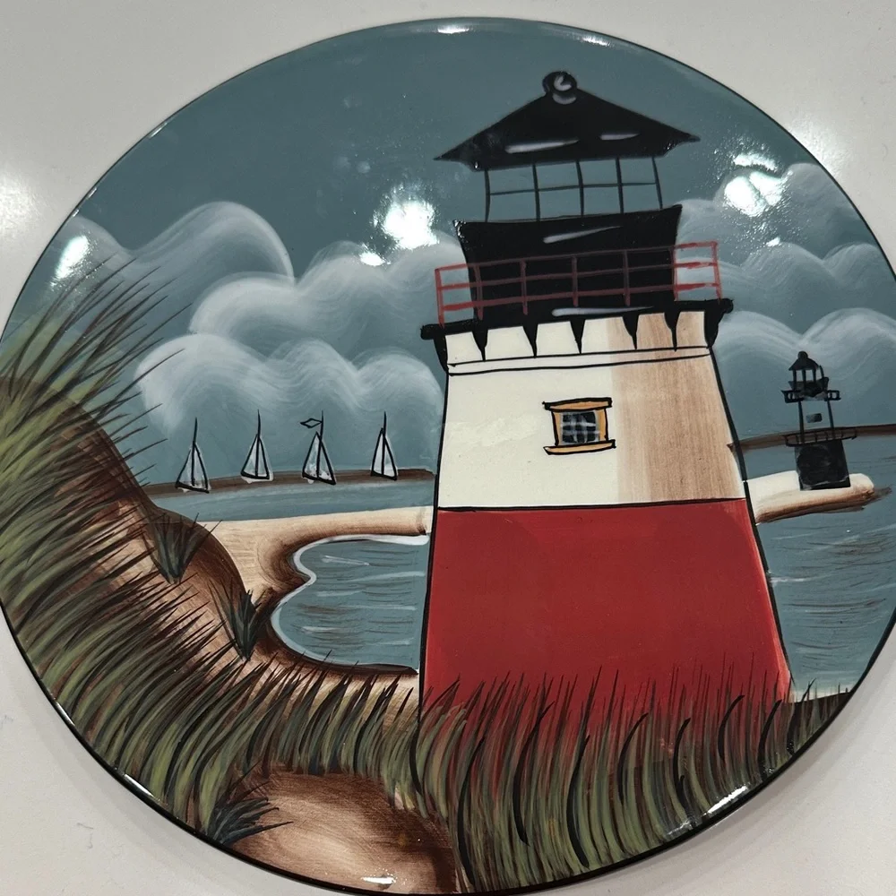 Sakura Nautical Lighthouse Ceramic Trivet 9.5” Diameter - Red and Blue